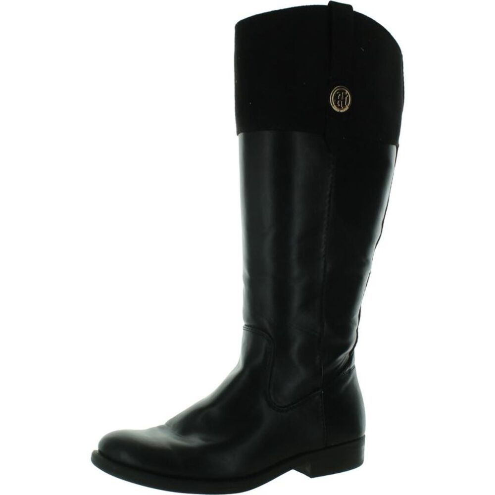 Tommy Hilfiger Womens Black Leather Wide Calf Tall Knee-High Boots Shoes Used